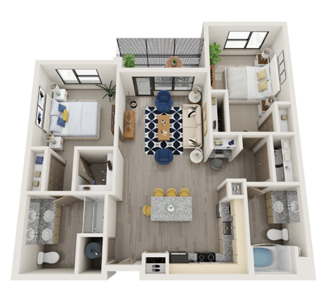 Floor plan for 2 beds, 2 baths, 1169 sqft